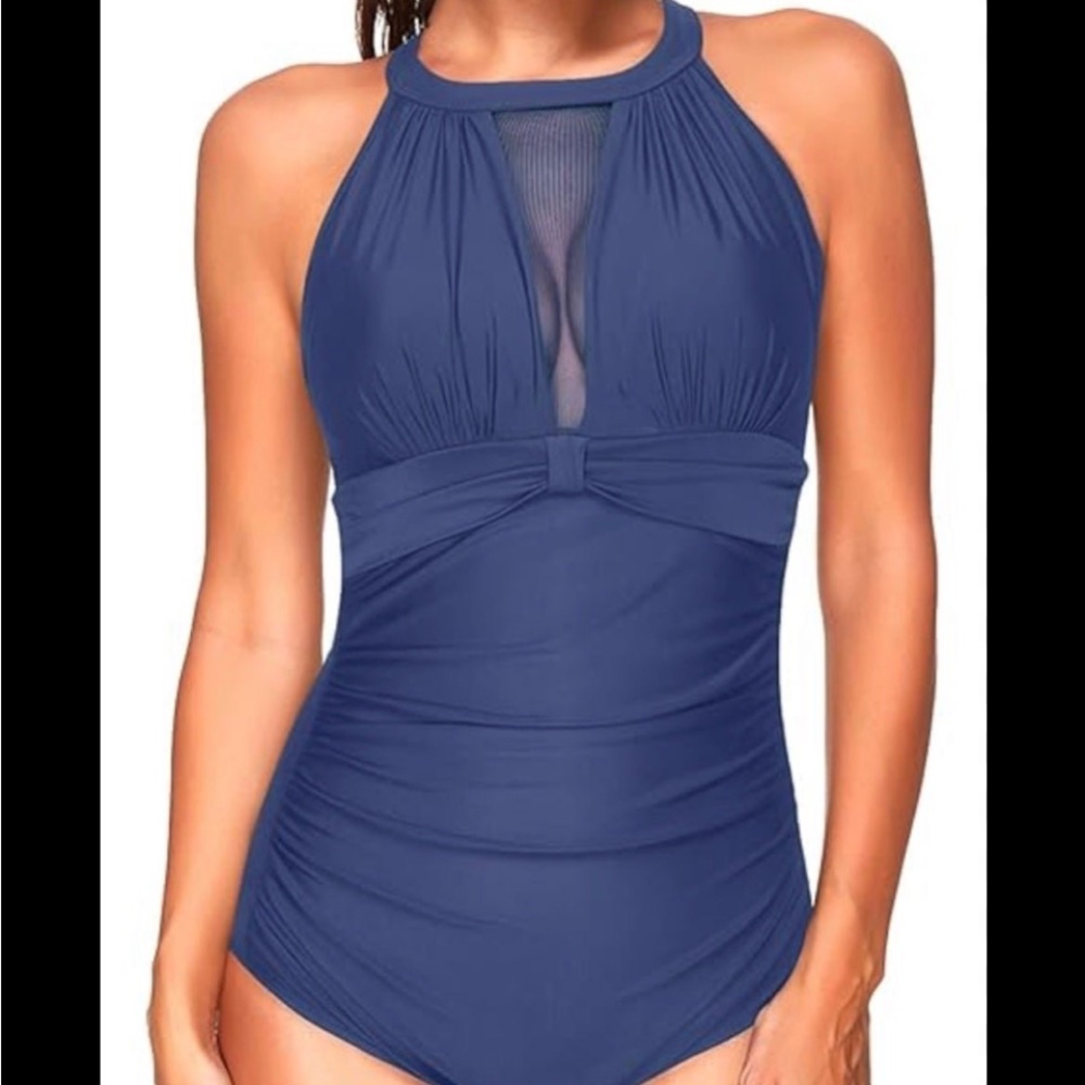 Elegant Blue Halter Swimsuit blue bathing suit women L CMSJ tummy control
